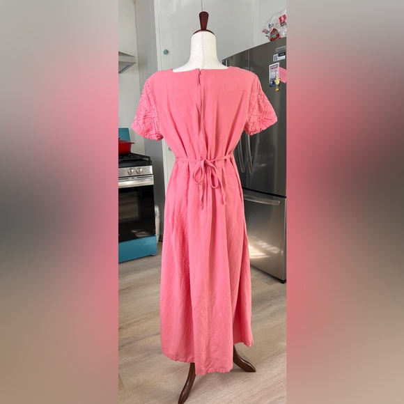 VTG Linen Blend Sarah Elizabeth Pink Pleated Square Neck Tie Waist Maxi Dress - Picture 3 of 16